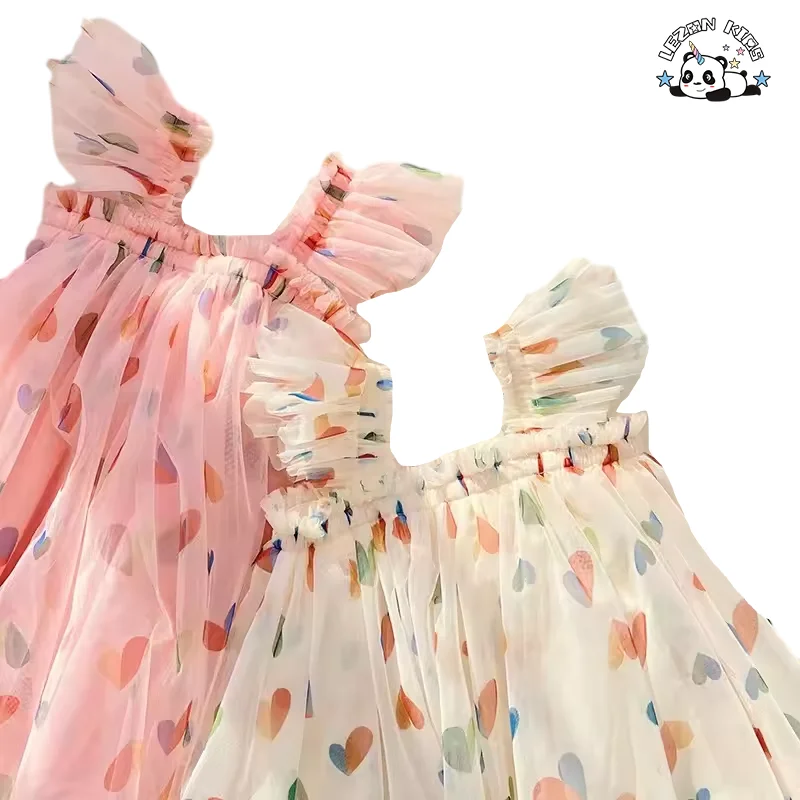 2024 High Quality heart pattern printed spaghetti strap tutu dresses for girls kids - Product Image