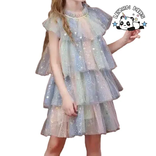 2024 High Quality sweet sleeve tutu golden star print frocks princess dress for 2 to 6 years old