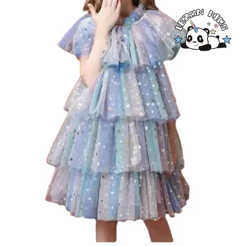 2024 High Quality sweet sleeve tutu golden star print frocks princess dress for 2 to 6 years old - Product Image
