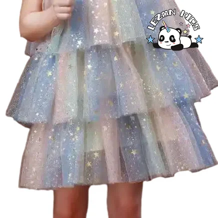 2024 High Quality sweet sleeve tutu golden star print frocks princess dress for 2 to 6 years old - Product Image