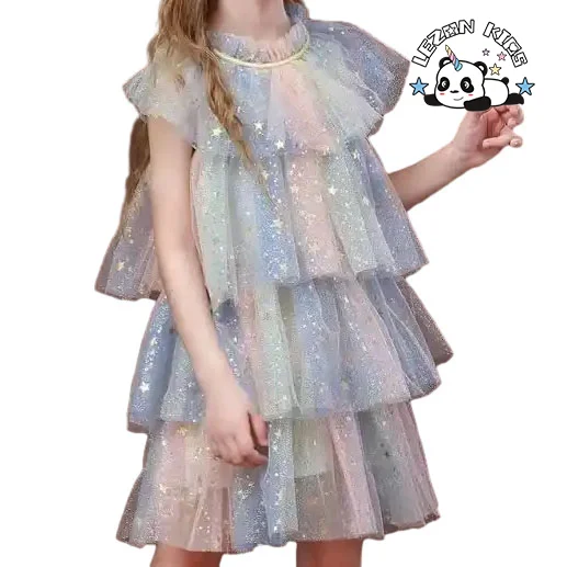2024 High Quality sweet sleeve tutu golden star print frocks princess dress for 2 to 6 years old - Product Image