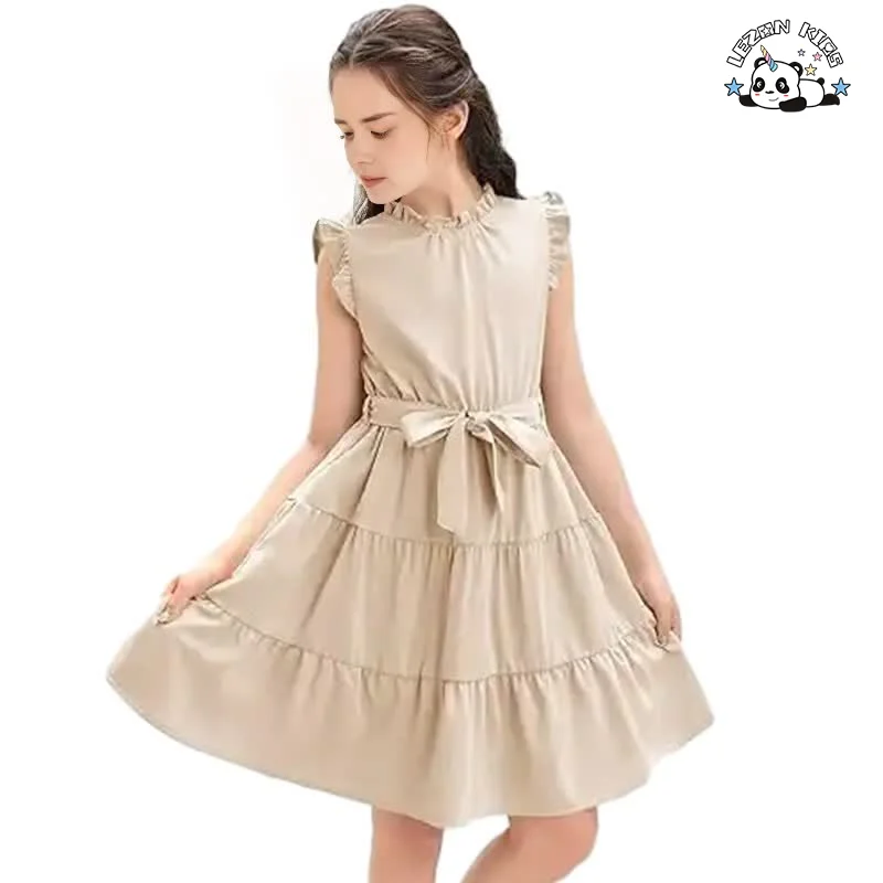 2024 Hot Sale Casual Ruffle Sleeve Plain Tiered Pleated Party Midi Dress with Belt for Girls
