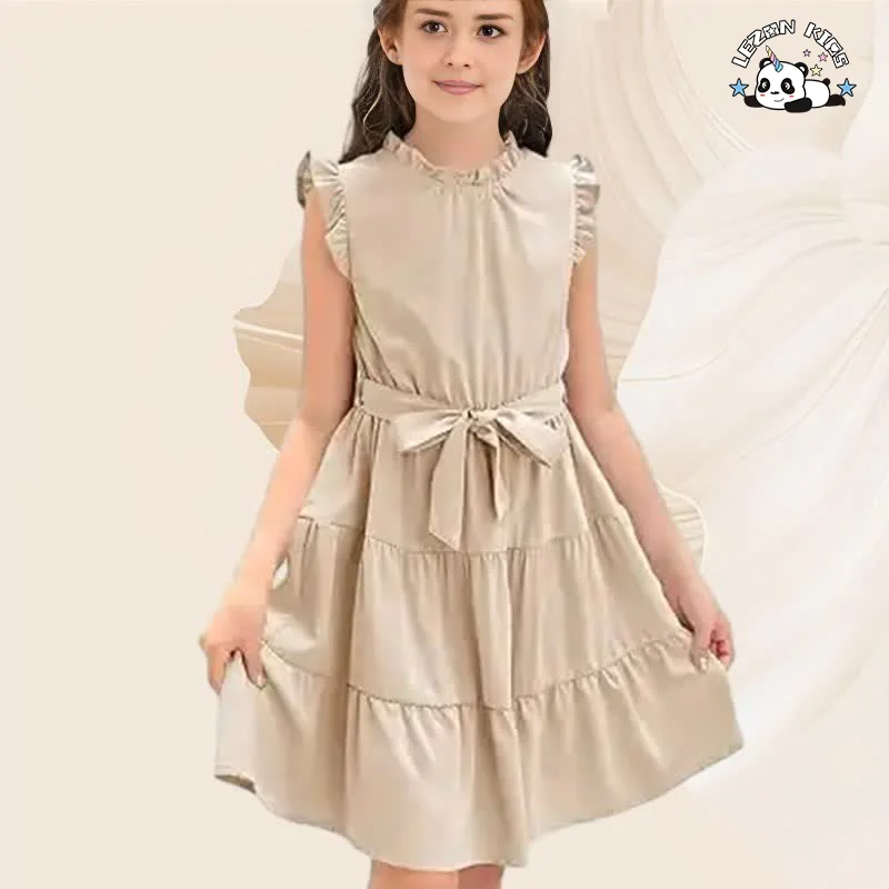 2024 Hot Sale Casual Ruffle Sleeve Plain Tiered Pleated Party Midi Dress with Belt for Girls - Product Image
