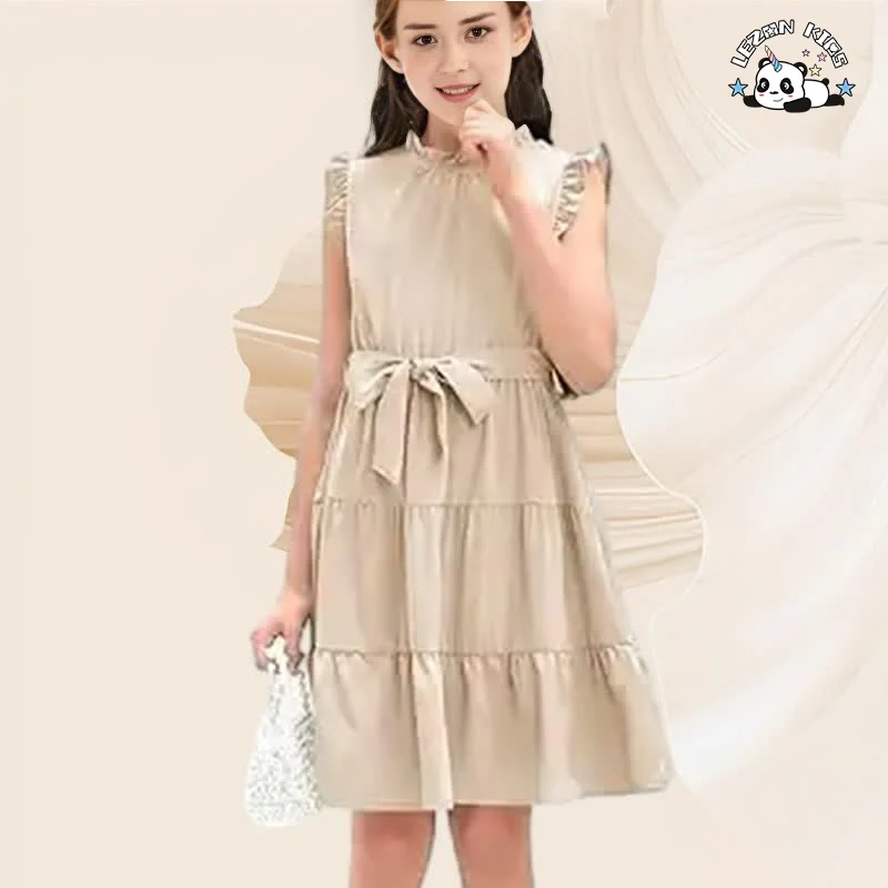 2024 Hot Sale Casual Ruffle Sleeve Plain Tiered Pleated Party Midi Dress with Belt for Girls - Product Image
