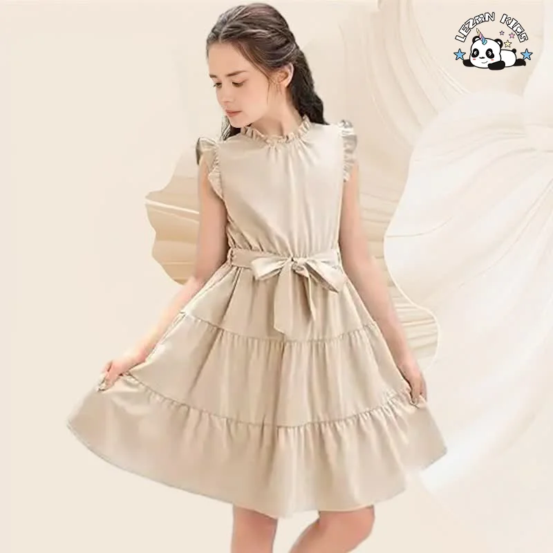2024 Hot Sale Casual Ruffle Sleeve Plain Tiered Pleated Party Midi Dress with Belt for Girls - Product Image