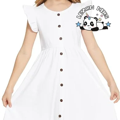 2024 Hot Sale Flutter Sleeve A-Line Button Down Sundress Casual Midi Dresses for 4-12 Years Girls