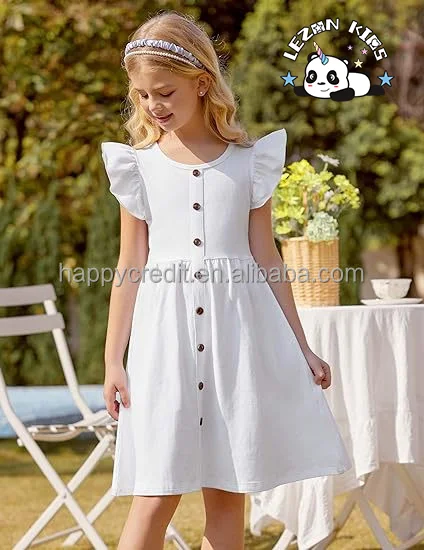 2024 Hot Sale Flutter Sleeve A-Line Button Down Sundress Casual Midi Dresses for 4-12 Years Girls - Product Image