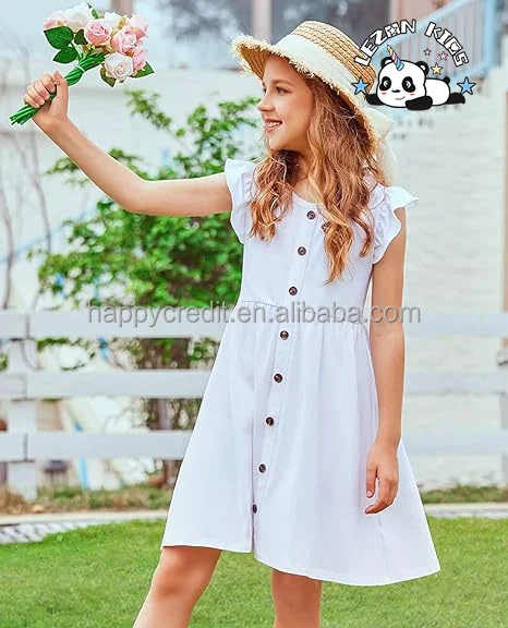 2024 Hot Sale Flutter Sleeve A-Line Button Down Sundress Casual Midi Dresses for 4-12 Years Girls - Product Image