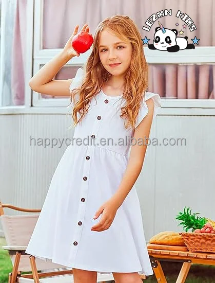 2024 Hot Sale Flutter Sleeve A-Line Button Down Sundress Casual Midi Dresses for 4-12 Years Girls - Product Image
