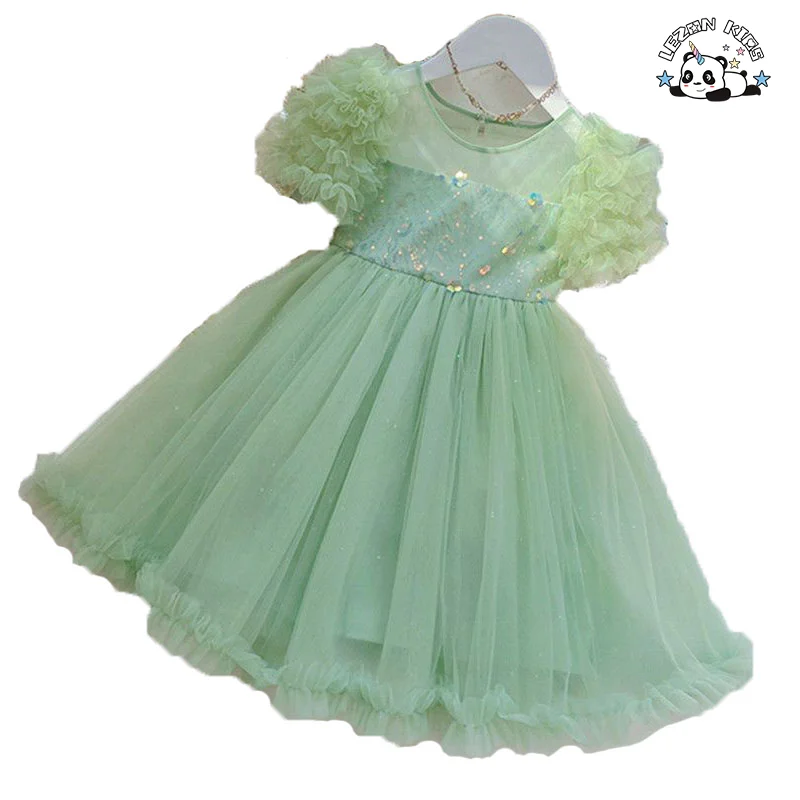 2024 Hot Sale Short Puff Sleeve Beautiful Girls Princess Tulle Dress for 8T Children Clothing