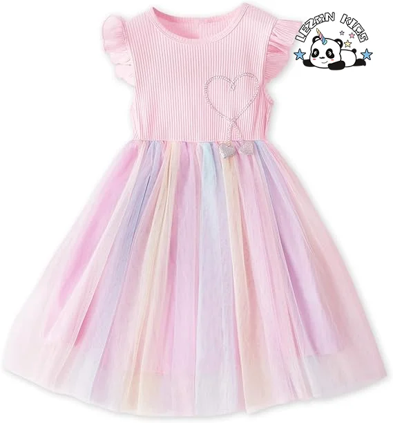 2024 Hot Sale Tutu Dress Ruffle Sleeve Summer Casual Pink Princess Mesh Tulle Dress 4-12 Years for Girls