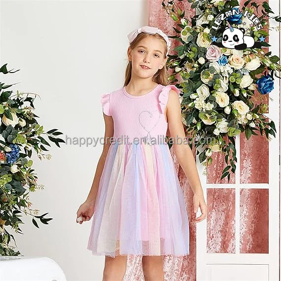 2024 Hot Sale Tutu Dress Ruffle Sleeve Summer Casual Pink Princess Mesh Tulle Dress 4-12 Years for Girls - Product Image