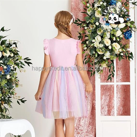 2024 Hot Sale Tutu Dress Ruffle Sleeve Summer Casual Pink Princess Mesh Tulle Dress 4-12 Years for Girls - Product Image