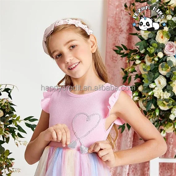 2024 Hot Sale Tutu Dress Ruffle Sleeve Summer Casual Pink Princess Mesh Tulle Dress 4-12 Years for Girls - Product Image