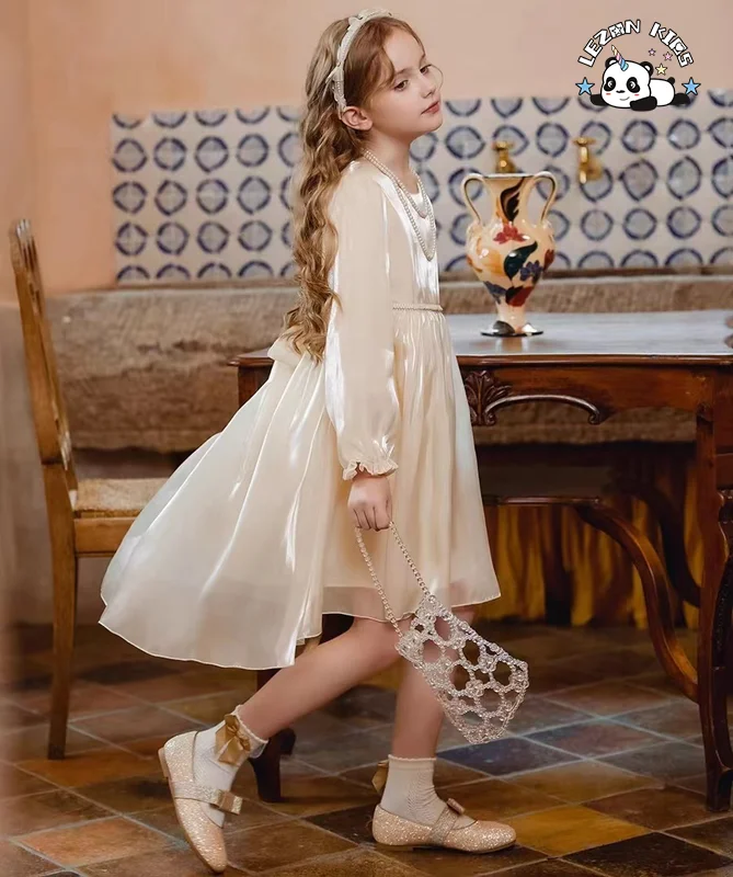 2024 Hot Selling Spring Long Sleeve Sweet Kids Satin Party Frock Design Princess Dress for Girl - Product Image