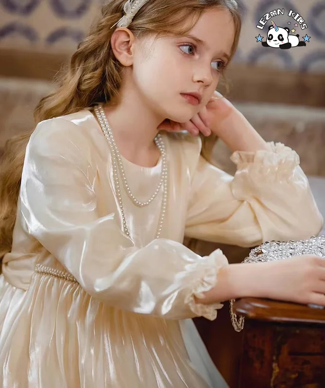 2024 Hot Selling Spring Long Sleeve Sweet Kids Satin Party Frock Design Princess Dress for Girl - Product Image