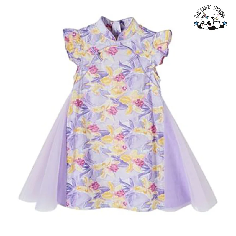 2024 Luxury Kids Chinese Cheongsam Dress Cotton Floral Dress Girl Tulle Dress for Summer