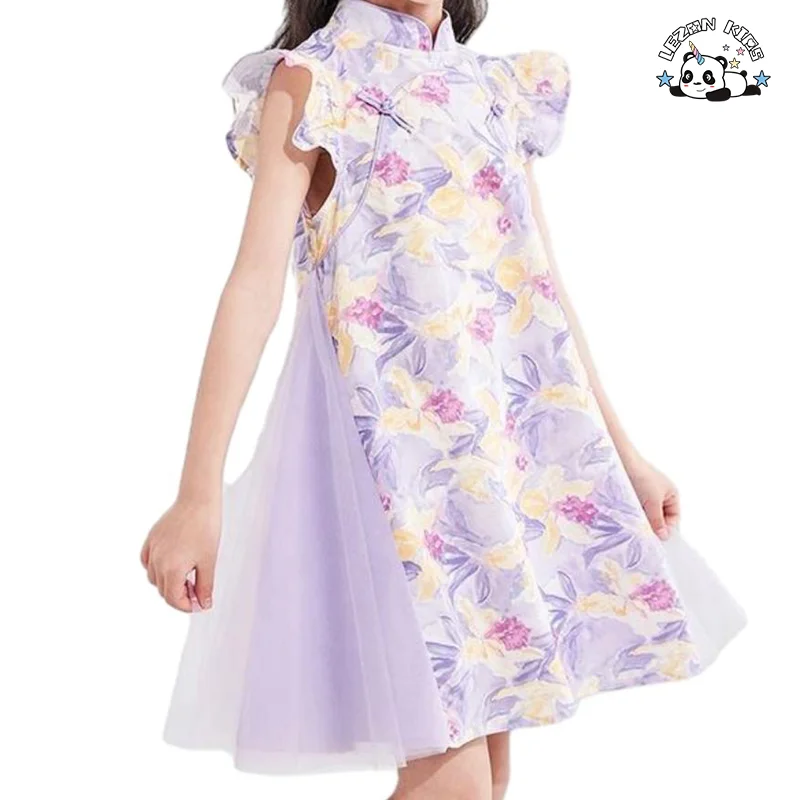 2024 Luxury Kids Chinese Cheongsam Dress Cotton Floral Dress Girl Tulle Dress for Summer - Product Image