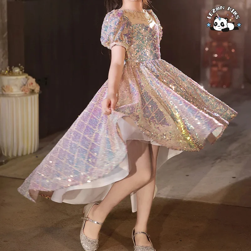 2024 Most Popular Short Sleeve Puff Irregular Children's Evening Princess Girl Dress