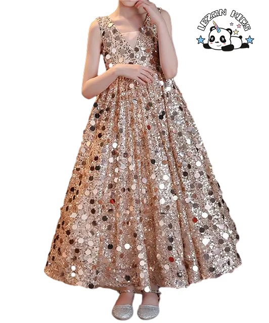 2024 Most Popular Sleeveless V Neck Fashion Sequined Long Party Dress Performance Girls Dress - Product Image
