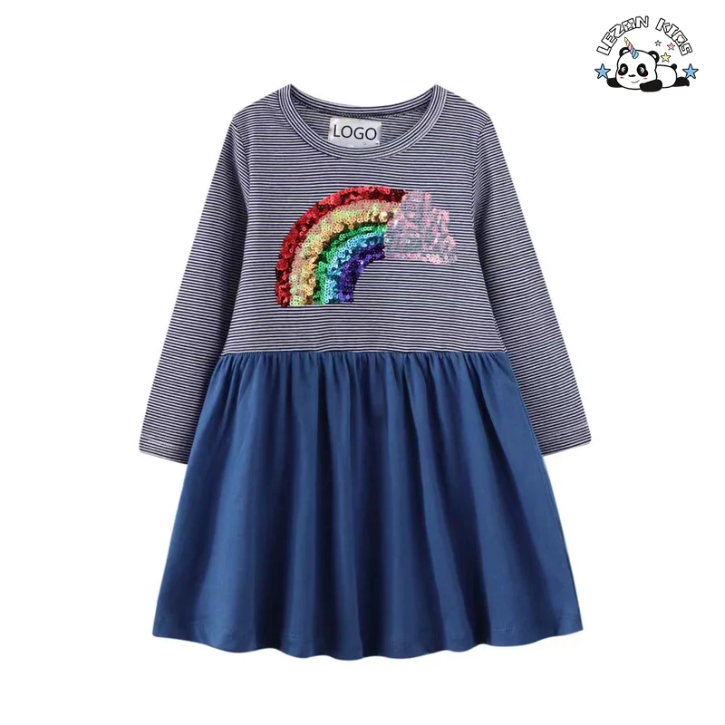 2024 New Arrival Sequin Patches Unicorn Soft Short Sleeves Girls Cotton Dresses for Kids