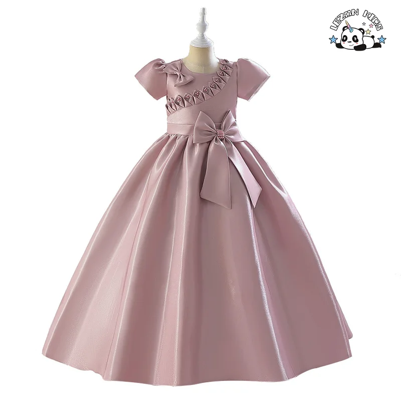 2024 New Fashion Short Sleeve and Long Dress with Pearl Bow-knot Summer Party Dress for 2 to 14 Years