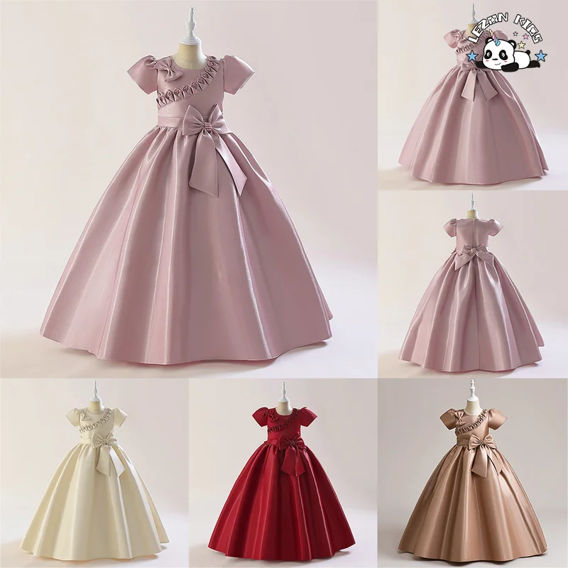 2024 New Fashion Short Sleeve and Long Dress with Pearl Bow-knot Summer Party Dress for 2 to 14 Years - Product Image