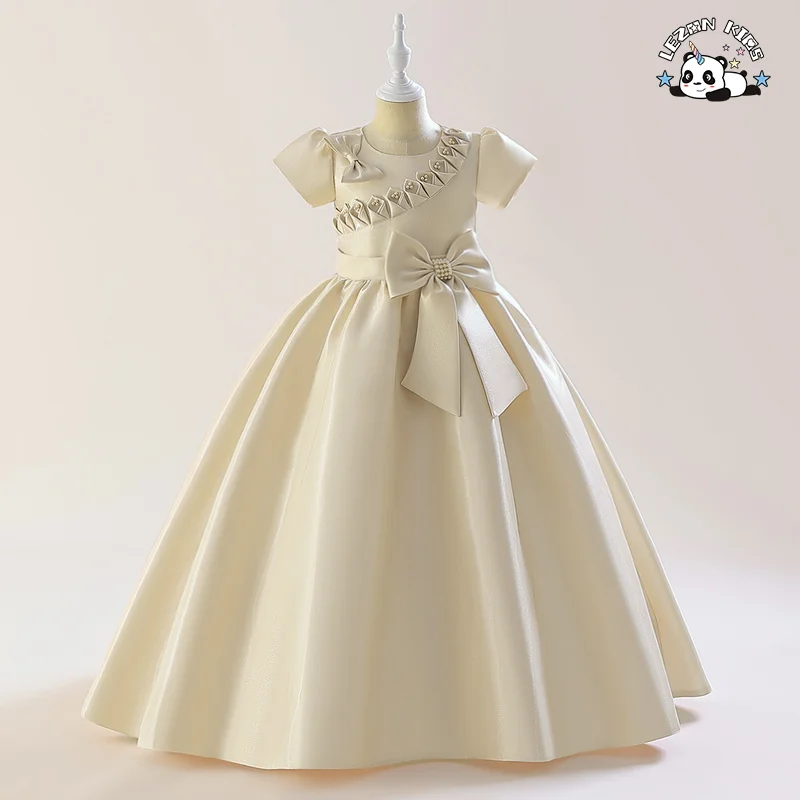 2024 New Fashion Short Sleeve and Long Dress with Pearl Bow-knot Summer Party Dress for 2 to 14 Years - Product Image