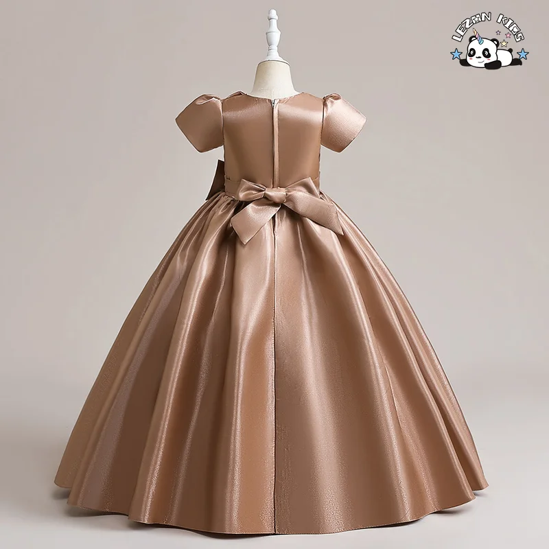 2024 New Fashion Short Sleeve and Long Dress with Pearl Bow-knot Summer Party Dress for 2 to 14 Years - Product Image