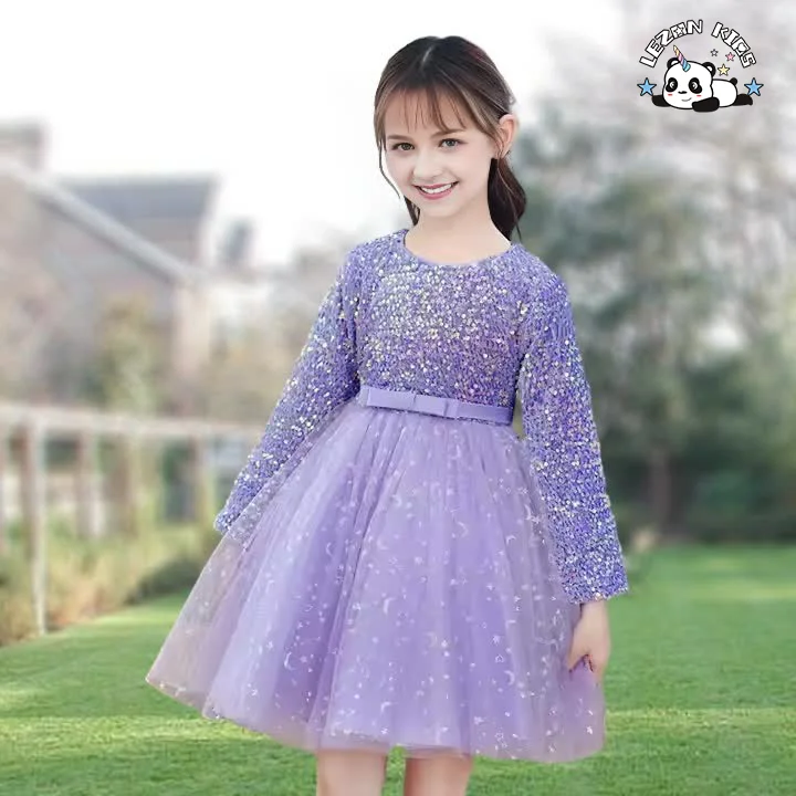 2024 Novo Vestido de Lantejoulas Roxas de Primavera e Outono com Mangas Longas para Crianças - Product Image