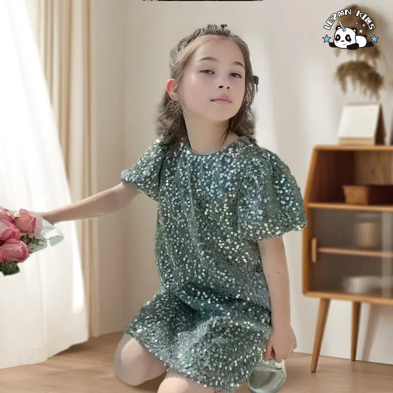 2024 New Fashion Spring and Summer Puff Sleeve Girl Dress Gray Sequined Girl Dress Zipper Girl Dress - Product Image