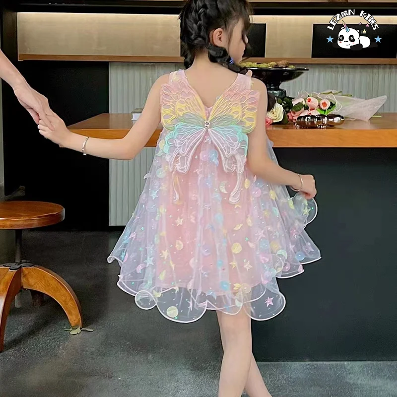 2024 New Fashion Summer Sleeveless Girls Dresses 2-12 Children Clothing Tulle Frocks Girls