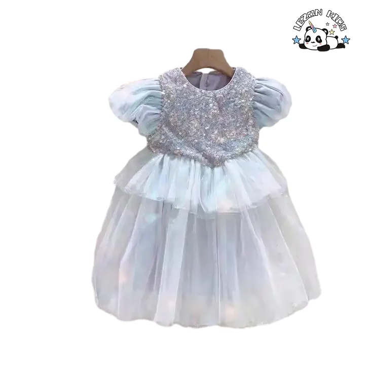 2024 New Fashion cute puff sleeve tutu frock sequined princess girls dresses for 2 to 6 years old