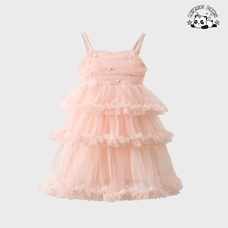 Vestido de tule para meninas princesa com suspensores de pérolas elegantes e camadas bufantes mais recente de 2024 para o verão - Product Image