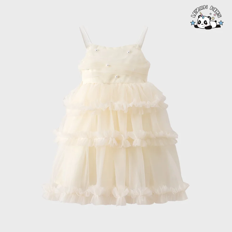 Vestido de tule para meninas princesa com suspensores de pérolas elegantes e camadas bufantes mais recente de 2024 para o verão - Product Image