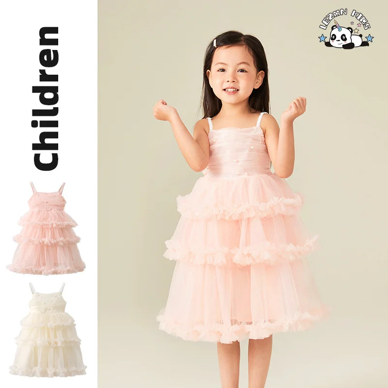 Vestido de tule para meninas princesa com suspensores de pérolas elegantes e camadas bufantes mais recente de 2024 para o verão - Product Image