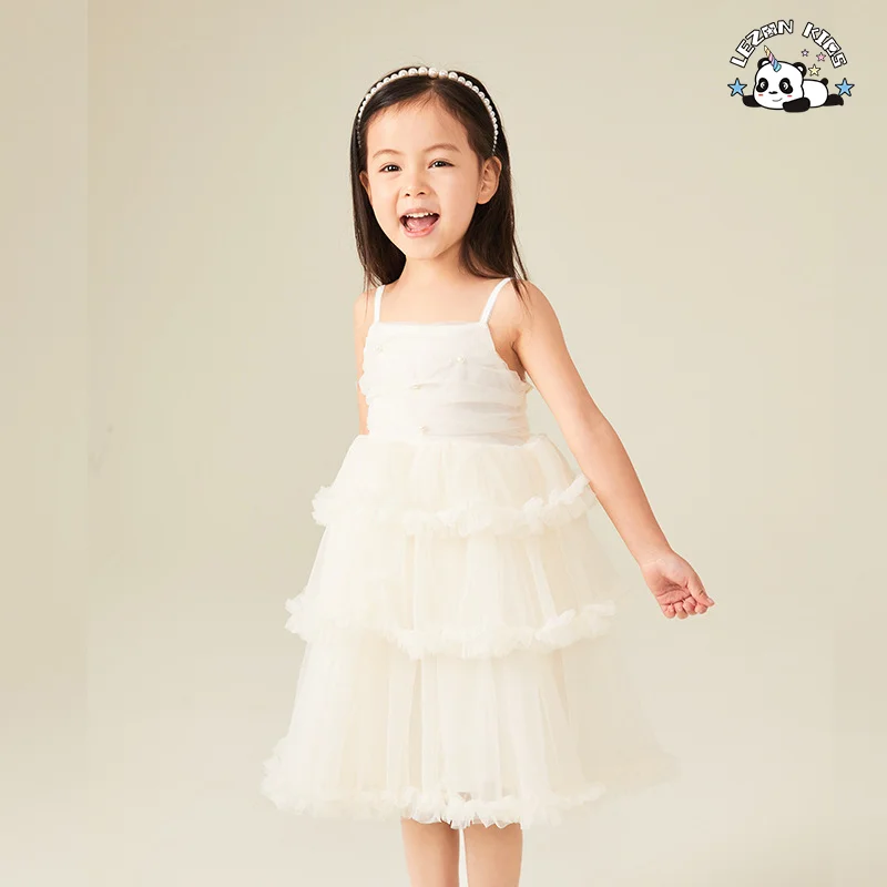 Vestido de tule para meninas princesa com suspensores de pérolas elegantes e camadas bufantes mais recente de 2024 para o verão - Product Image