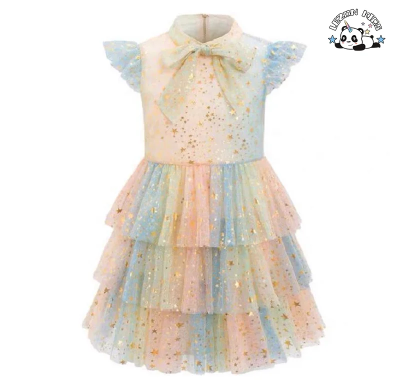 2024 OEM ODM Gold Star Foil Print Rainbow Bow High Collar Elegant Layers Girls Tulle Dress