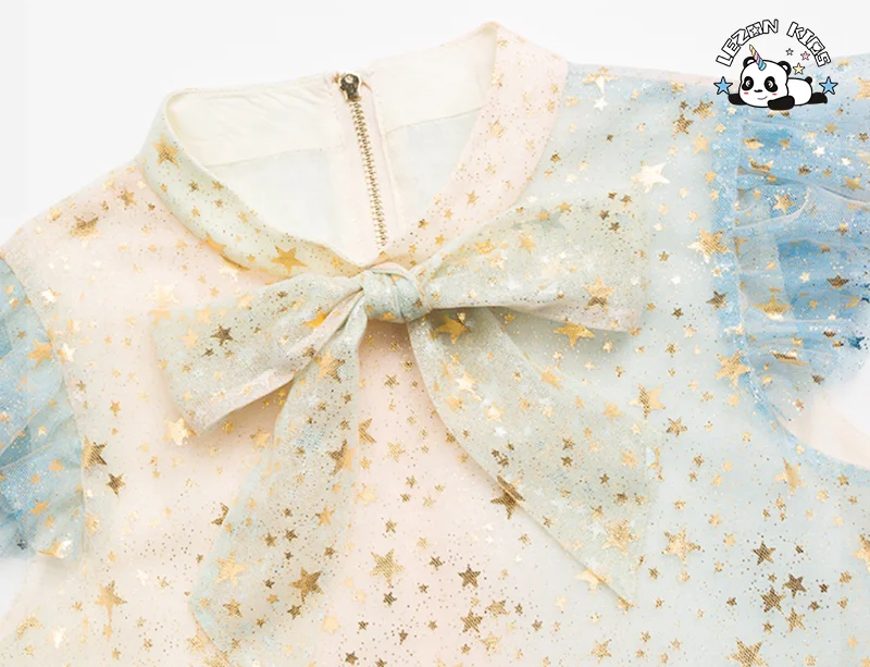2024 OEM ODM Gold Star Foil Print Rainbow Bow High Collar Elegant Layers Girls Tulle Dress - Product Image