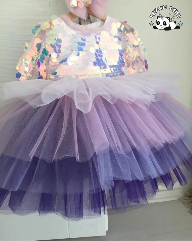 Adorável vestido de tule com lantejoulas em forma de sereia para meninas de 2 a 10 anos