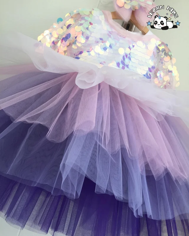 Adorável vestido de tule com lantejoulas em forma de sereia para meninas de 2 a 10 anos - Product Image
