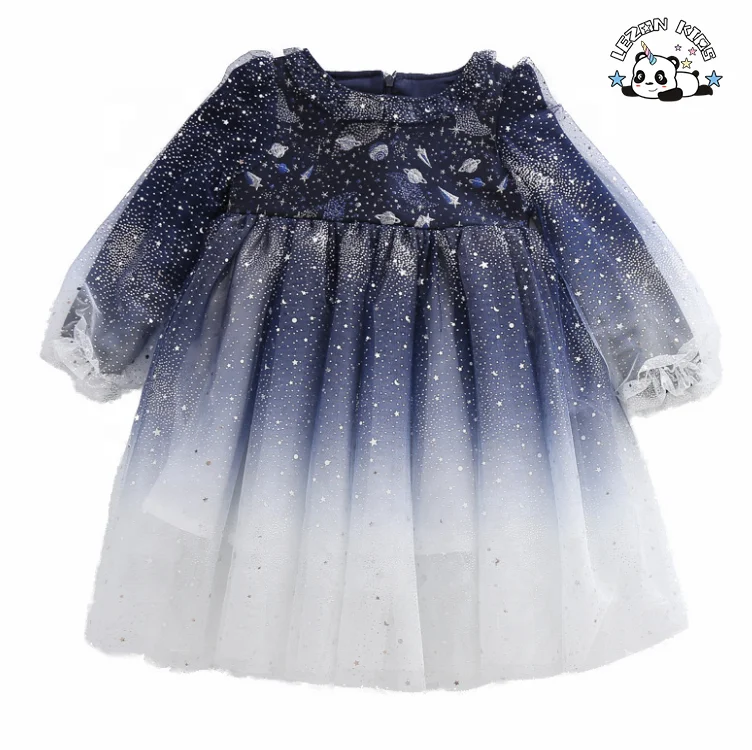 Autumn Children's Gradient Puff Starry Skirt Long Sleeve Sequin Layered Princess Dress