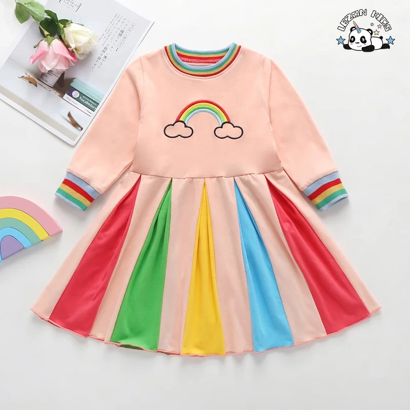 Autumn Long Sleeved Rainbow Colorblock Embroidery Girls Party Dress for Kids Aged 2-14 Years