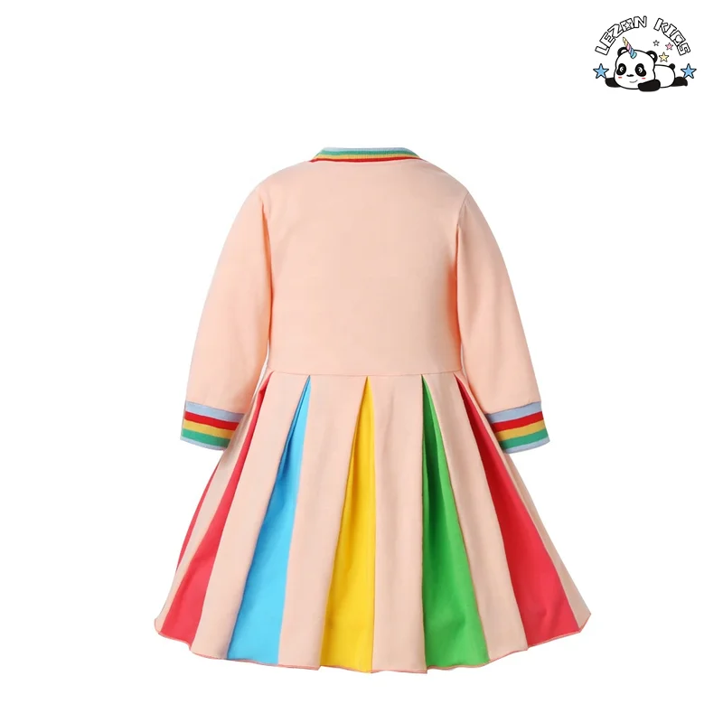 Autumn Long Sleeved Rainbow Colorblock Embroidery Girls Party Dress for Kids Aged 2-14 Years - Product Image