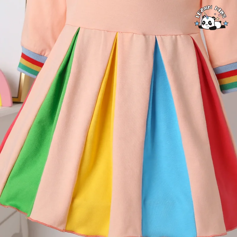 Autumn Long Sleeved Rainbow Colorblock Embroidery Girls Party Dress for Kids Aged 2-14 Years - Product Image