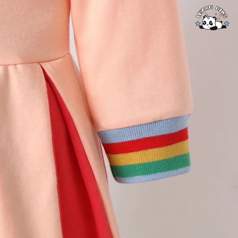 Autumn Long Sleeved Rainbow Colorblock Embroidery Girls Party Dress for Kids Aged 2-14 Years - Product Image