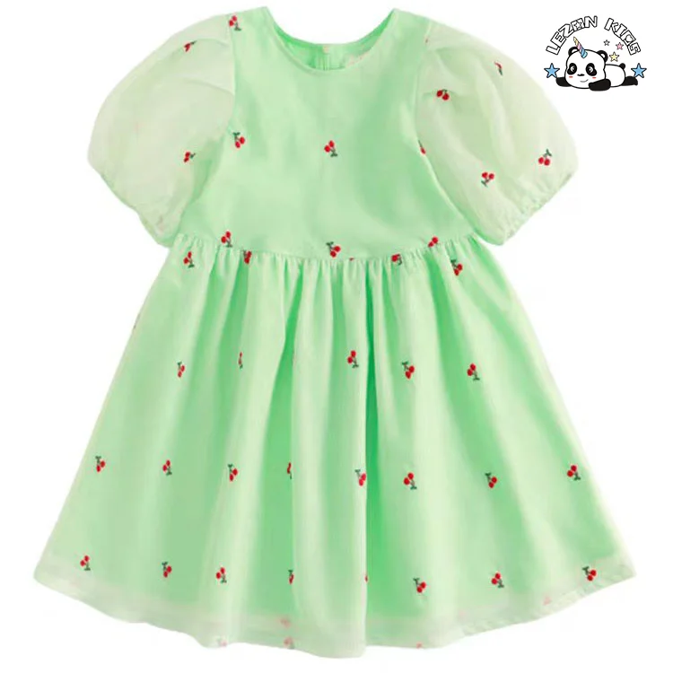 Best New Product of 2024 Cute Cherry Printing Green Frocks Girls Dresses 2-12 Children Clothing