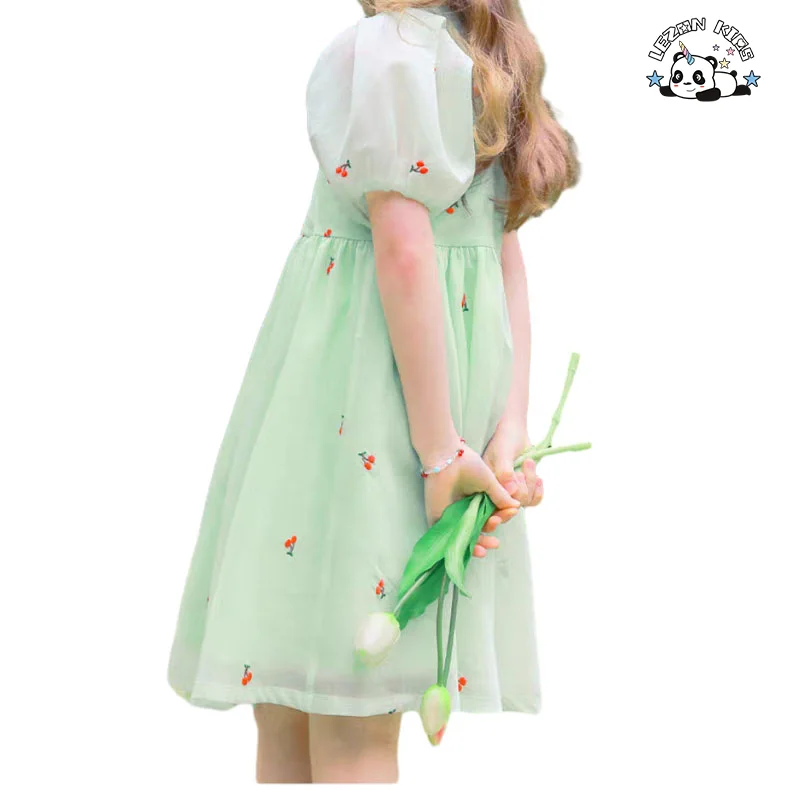 Best New Product of 2024 Cute Cherry Printing Green Frocks Girls Dresses 2-12 Children Clothing - Product Image