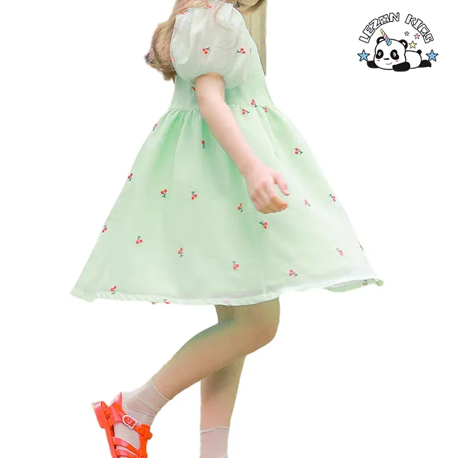 Best New Product of 2024 Cute Cherry Printing Green Frocks Girls Dresses 2-12 Children Clothing - Product Image