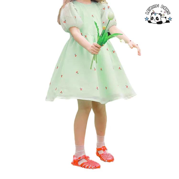 Best New Product of 2024 Cute Cherry Printing Green Frocks Girls Dresses 2-12 Children Clothing - Product Image